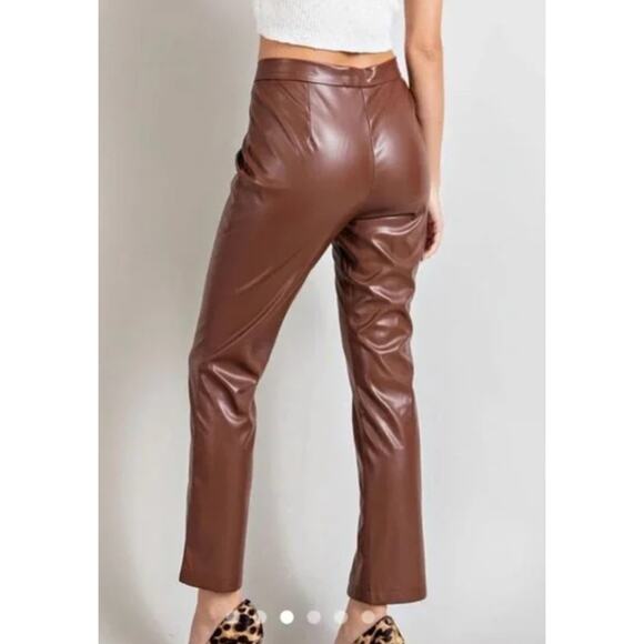 NWOT Wildfox Princess Seams Faux Leather High Waist Split Hem Pants Brown Large - Picture 2 of 8
